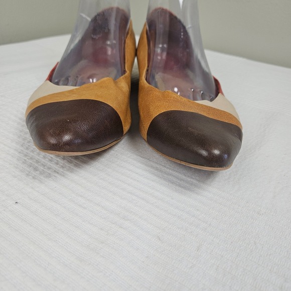 Lucky Brand Petra Patchwork Flats Sz 10 Tan Aqua Coral Brown Leather Pointed Toe - Picture 8 of 9
